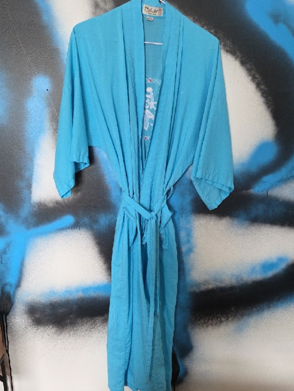 Vintage Heath Ceramics Turquoise Kimono Robe with Embroidery..Shanghai - Picture 3 of 7